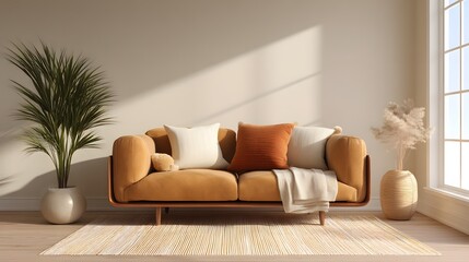 4k  Luxury leather sofa seat for home office, Virtual meeting zoom background, cozy warm warth tone