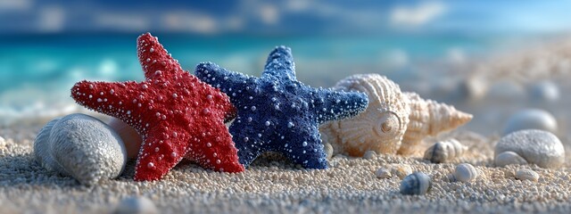 Independence day - usa flag, 4th of july, starfish patriotic colors on sandy tropical beach with ocean background
