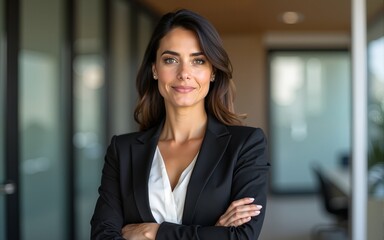 a confident Latin middle-aged businesswoman stands in her office with her arms crossed, looking directly at the camera for a portrait. High quality