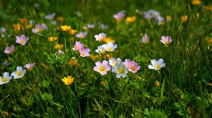 Delicate pink and white wildflowers blooming in lush green grass