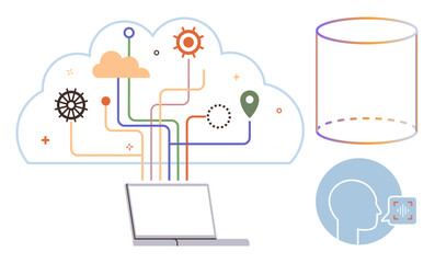 Diagram with cloud computing, laptop, database, connections, AI voice interface, and system integration. Ideal for technology, AI, big data communication cloud services digital tools simple flat