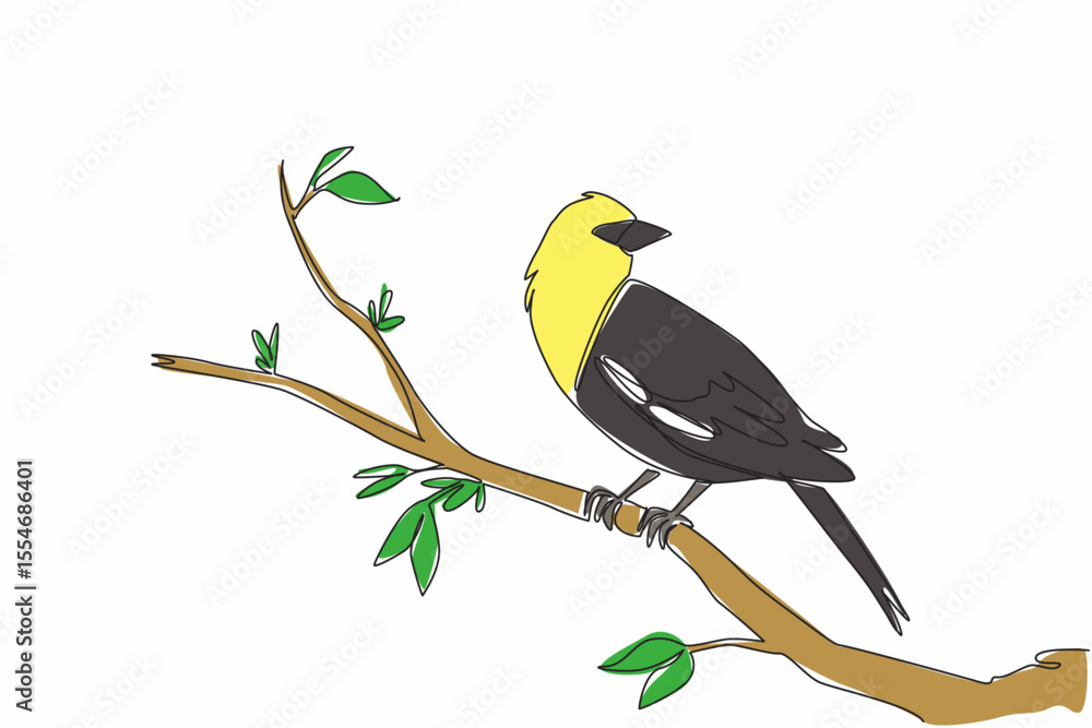 Aufkleber single one line drawing yellow headed blackbird perched on a tree branch with leaves. beautiful morn