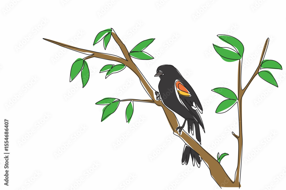 Poster single continuous line drawing red winged blackbird perched on a tree branch with leaves. beautiful 