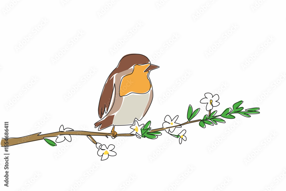 Poster single one line drawing robin perched on a tree branch with leaves and flowers. famous birds in amer