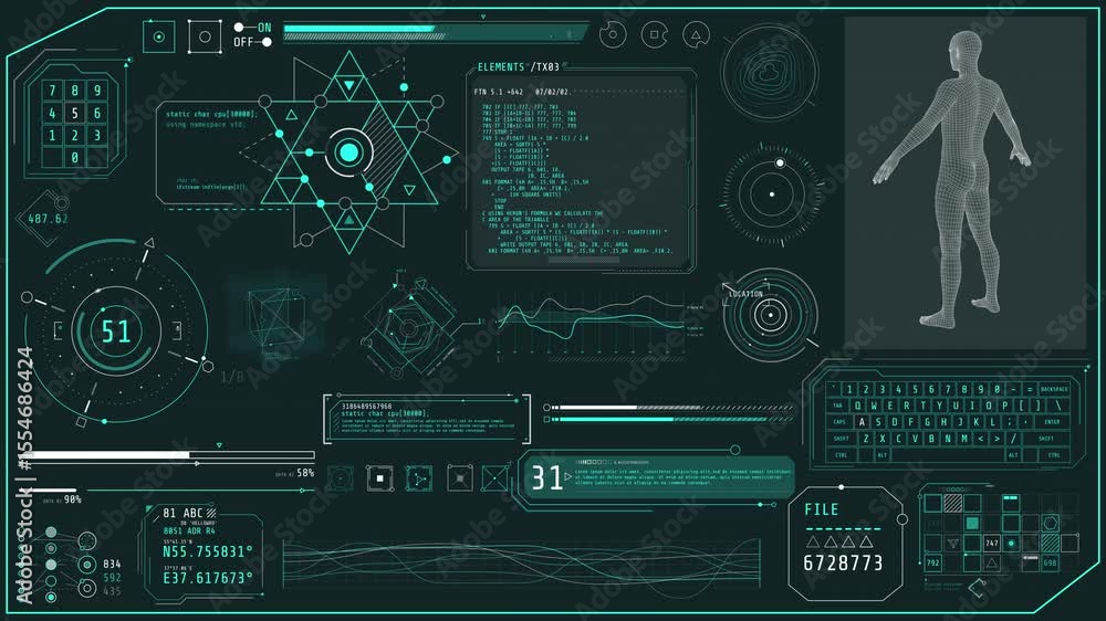 Poster animated high-tech dashboard with a 3d scan of a human body