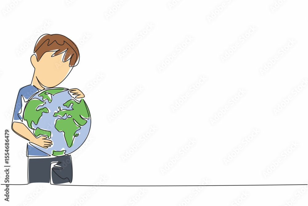 Poster single continuous line drawing the boy hugging globe. a symbol of keeping tightly. not making air po