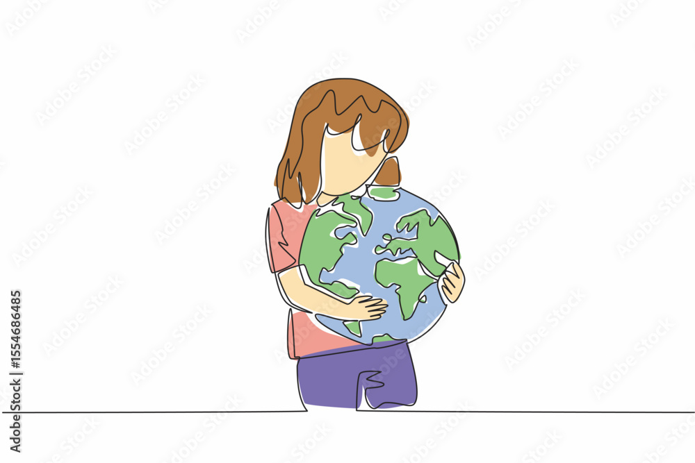 Poster continuous one line drawing girl hugging globe. a symbol of great affection. take part in protecting