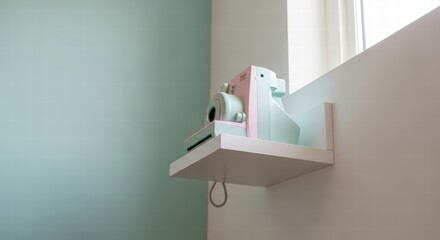 Pastel Instant Camera on Floating Shelf with Soft Backlight