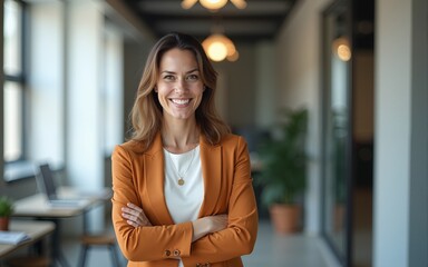 Happy cheerful 45 year old Latin professional mid aged business woman corporate leader, smiling positive mature female executive manager standing in office arms crossed looking at camera, portrait.
