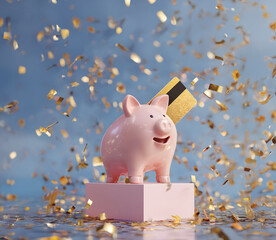 Piggy bank with gold credit card and confetti – celebration of savings.  Glossy pink piggy bank standing on a pedestal with a gold credit card inserted in the slot.