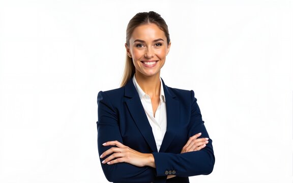 Confident businesswoman smiles confidently in corporate portrait. Female executive in navy blue suit stands against white background. Pro image suitable for business ceo roles. Modern business woman