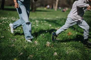 A heartwarming view of a mother and child running on a sunny day at the park, enjoying quality time amidst lush green surroundings, highlighting family time and outdoor activities.