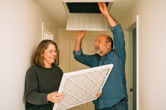 Couple changing air filter