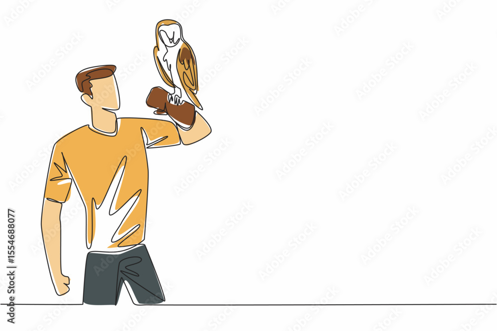 Poster continuous one line drawing barn owl perched on hand of man. has a distinctive facial feature with a