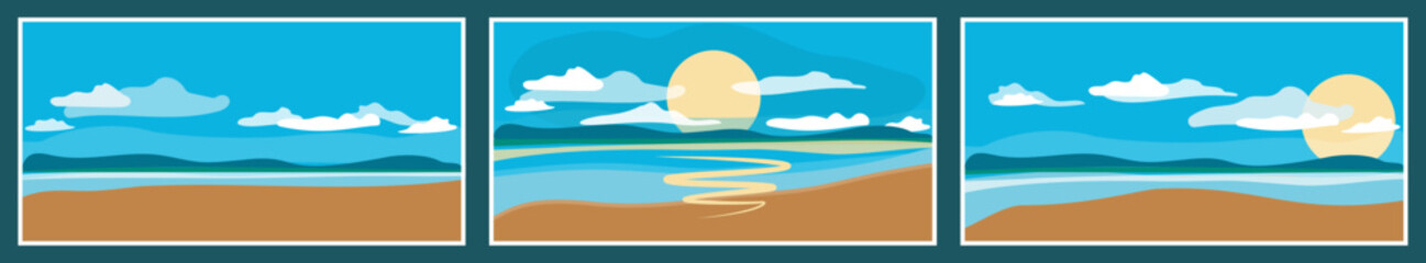 Set of horizontal seascapes in flat style. White clouds on blue sky, yellow sun, golden sand, sandy beach, turquoise water. Vector designs with copy space