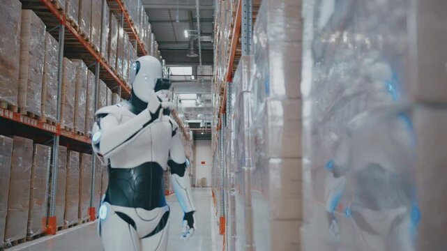 Intelligent humanoid robot pointing scanner at barcode while standing in warehouse aisle. Processing product information or tracking inventory updates during automated supply chain operation.