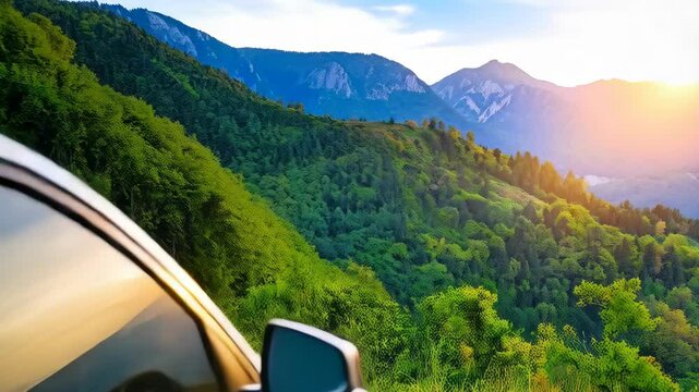 Electric car is being charged against a scenic mountain background at sunset, promoting eco-friendly and sustainable transport.