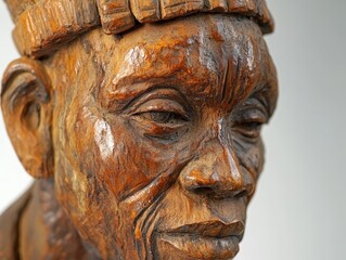 Wooden carving of a man's head with a hat against a plain background.