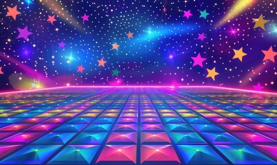 A retro dance floor with neon colors and stars in the sky, perfect for an '80s-themed party background. The illustration style should be digital art with pixelated elements