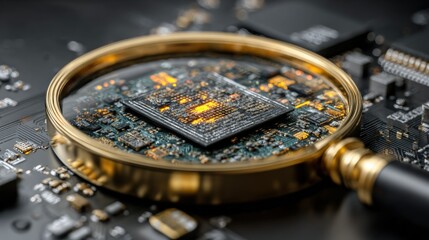 Golden magnifying glass focuses on a computer chip