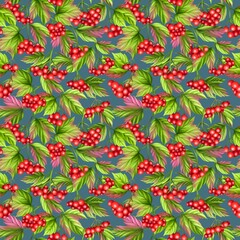 colorful seamless pattern, viburnum branches on a blue background