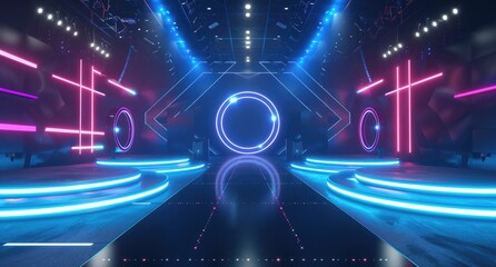 A virtual arena with blue and red neon lights, featuring an empty stage for the game's virtual match. The background is dark and features a large space that creates a sense of depth in perspective. 