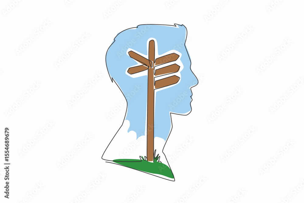 Poster single one line drawing the head of a man has a lightbulb in the middle of his head. intersection. c