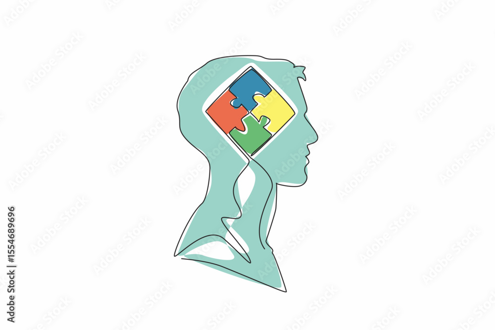 Poster single one line drawing head of man has puzzle in the middle of head. collecting memories solves mys