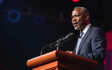 Portrait of an african politics man presidential elections at podium on stage. Generative AI. High quality