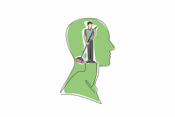 Single one line drawing the head of a man in the middle of his head is a man sweeping. Clearing the mind of unnecessary things. Inside the Head of Man. Continuous line design graphic illustration