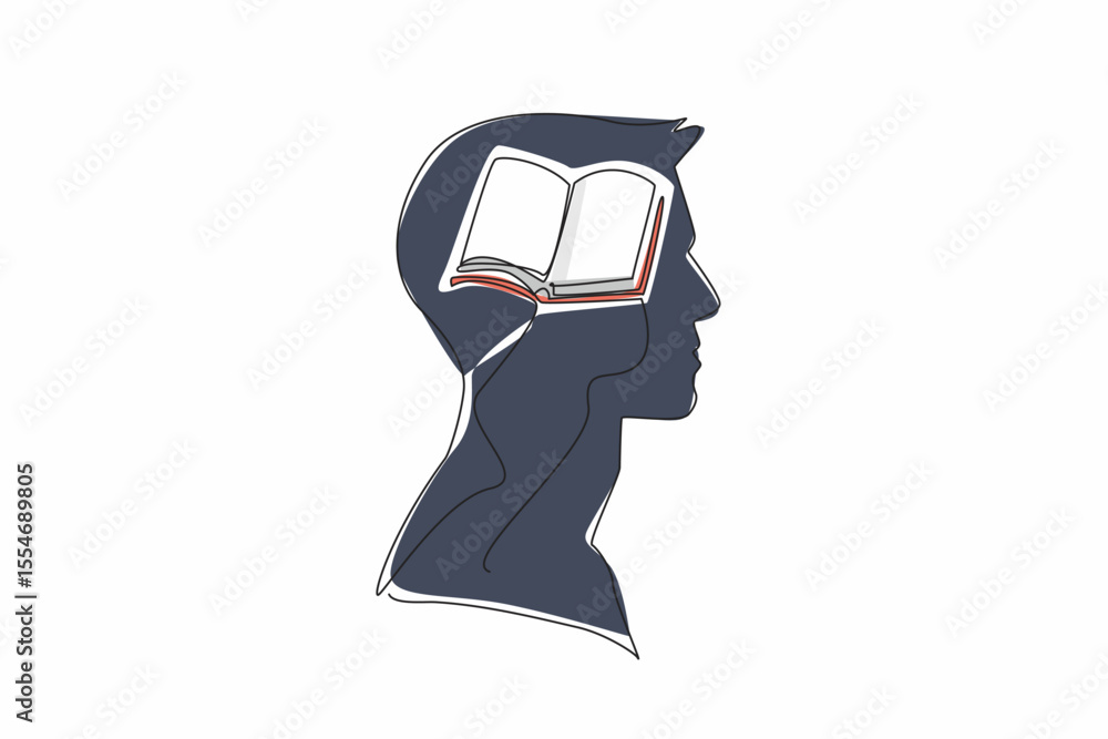 Poster continuous one line drawing the head of a man with an open book in the middle of his head. high know