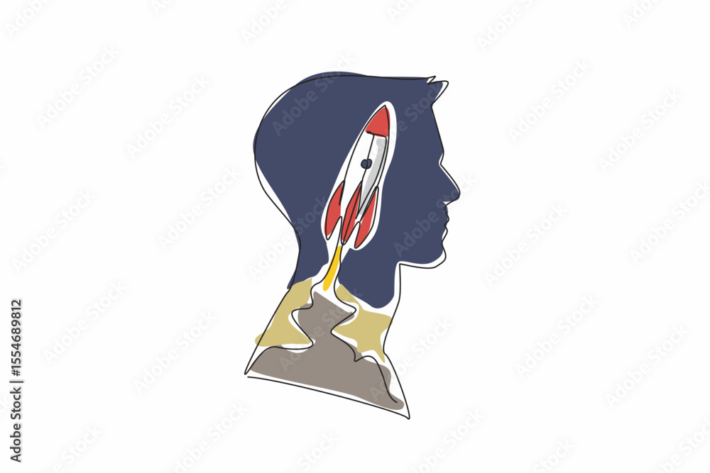 Aufkleber single one line drawing head of man with rocket in the middle of head with cloud of smoke. symbol of