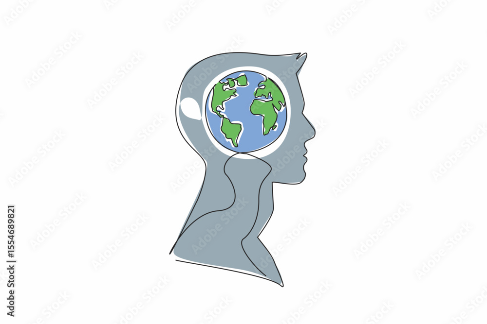 Poster continuous one line drawing the head of a young man with a globe in the middle of his head. taking s