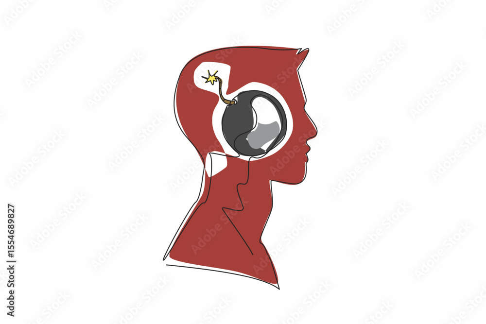 Poster single continuous line drawing the head of a man with large bomb in the middle of head with a burnin