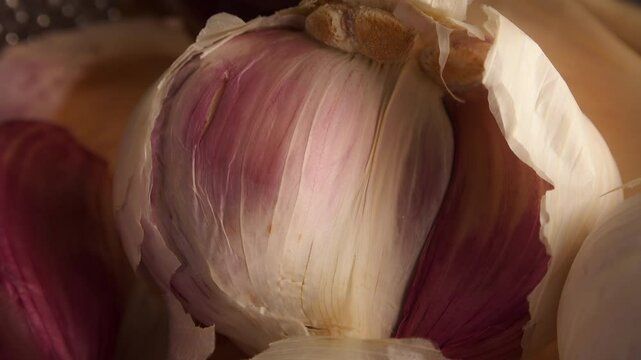 Garlic bulb and crusher squeezer top down view stock footage