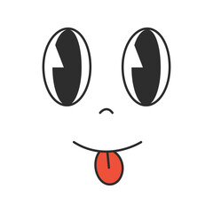 Comic face with tongue sticking out, cartoon retro character of 70s.