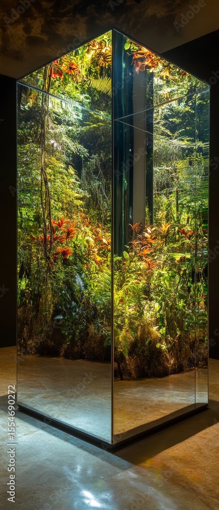 Poster rectangular prism with a nature scene inside sits on a reflective surface.