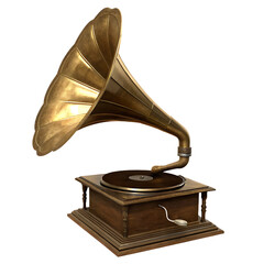Antique brass gramophone playing music isolated on a transparent background vintage