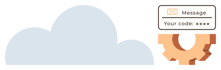 Cloud shape with a gear symbolizing computing process joined by a security code message box. Ideal for cloud storage, cybersecurity, authentication, data processing, software integration, online