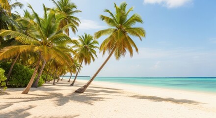 Fototapeta premium Beautiful Tropical Beach Paradise With Palm Trees and Clear Blue Ocean Water