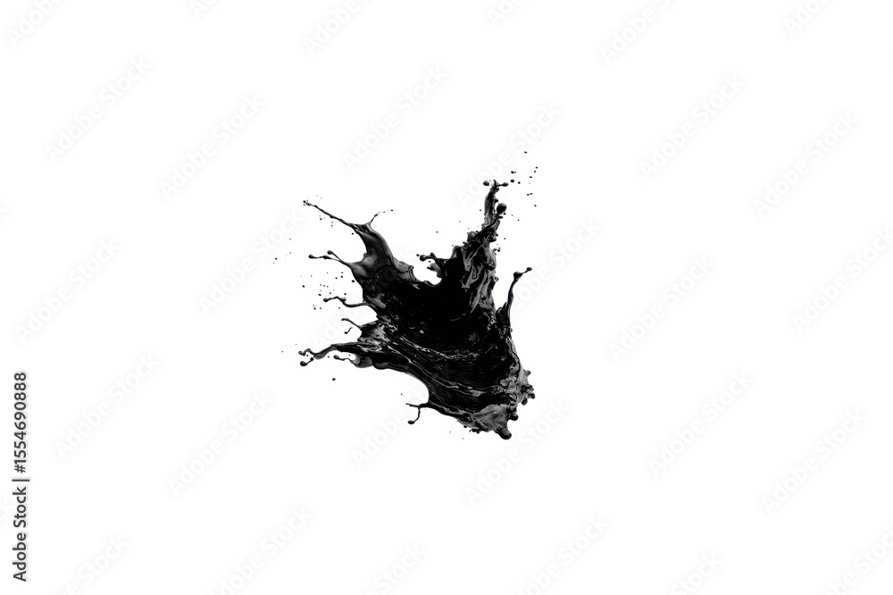 Poster an isolated dark liquid splash with droplets against a solid transparent background dynamic and text