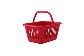 Red plastic shopping basket with a handle isolated on black The container has vertical slots and a smooth rounded design
