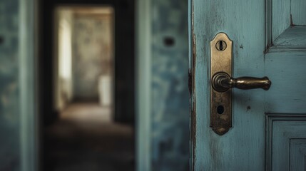 A weathered teal door ajar, revealing a dilapidated room beyond.