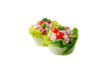 Two Lettuce Cups Filled With Tuna Salad And Garnished With Cherry Tomatoes And Fresh Herbs Transparent Background