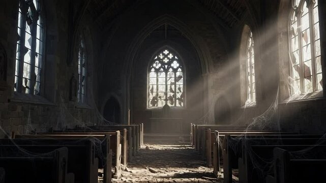 "Abandoned church with broken stained glass windows, dusty pews, eerie atmosphere, haunting vibe, supernatural presence, dark and unsettling ambiance, perfect for horror and thriller content."
