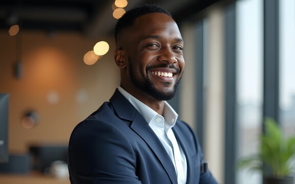 Happy, success and portrait of black man startup ceo, proud, confident and leader African business. Vision, future and businessman in Africa with leadership in corporate company with smile in office