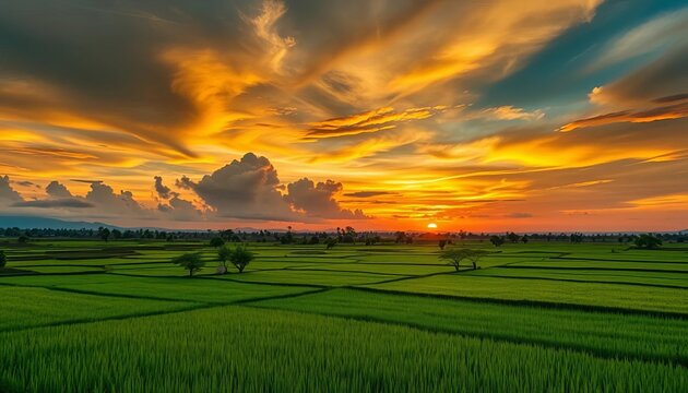 Vast green rice paddies under a dramatic sunset sky in Fianarantsoa, Madagascar,  aerial,  travel