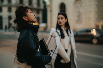 Two young women dressed in stylish clothing engage in conversation while standing outdoors in an...