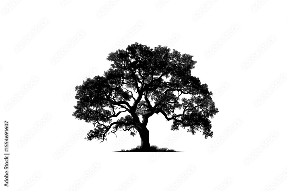 Poster solitary tree with dense foliage and intricate branches stands against a stark transparent backgroun