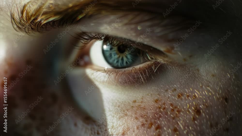 Poster A detailed view of an eye with distinctive freckles, ideal for use in editorial or commercial contexts
